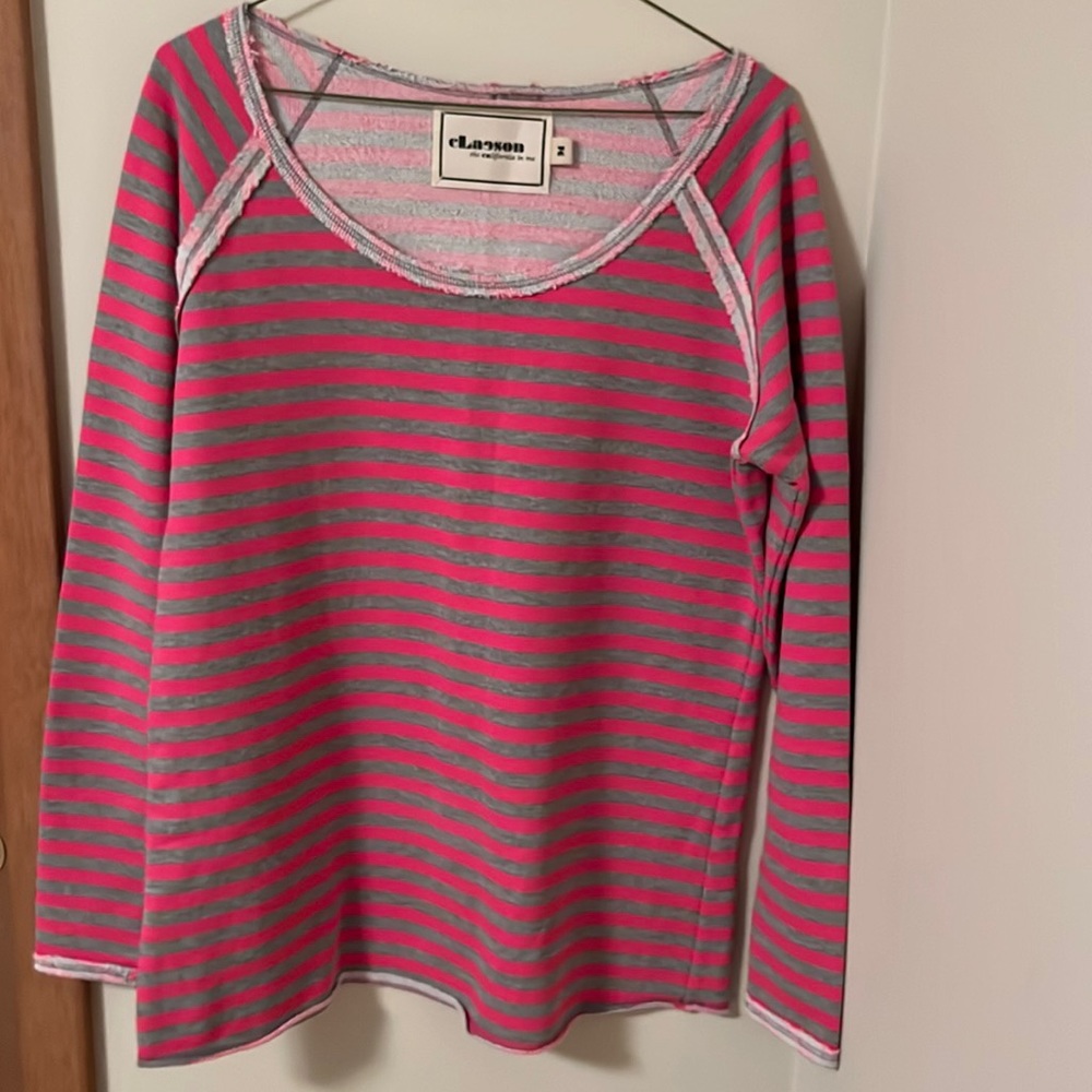 ✅ CLAESON Long Sleeve Distressed Pullover Striped Sweatshirt Top Pink and Gray